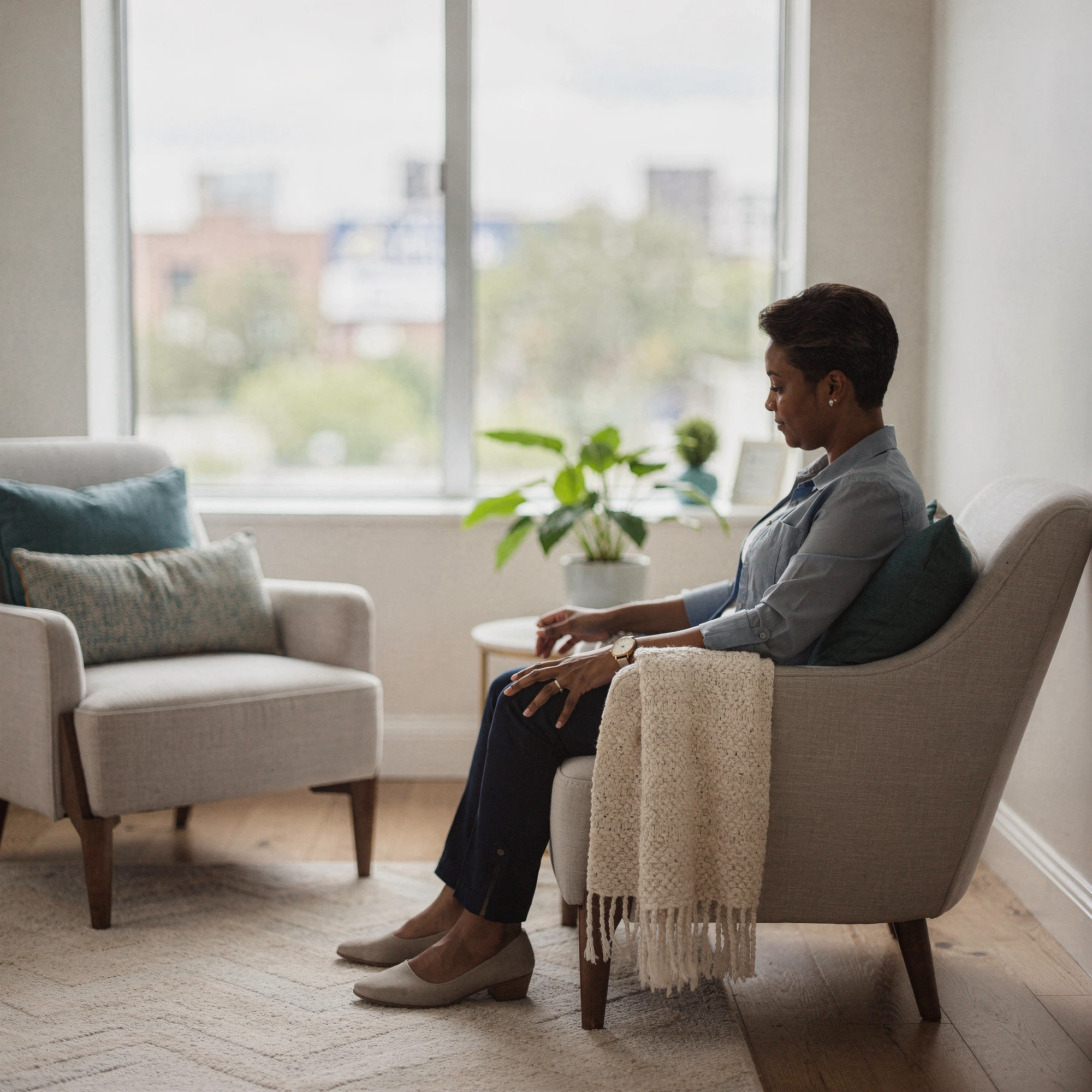 Person seated in an armchair by a window – psychiatrist in Upper Darby, PA